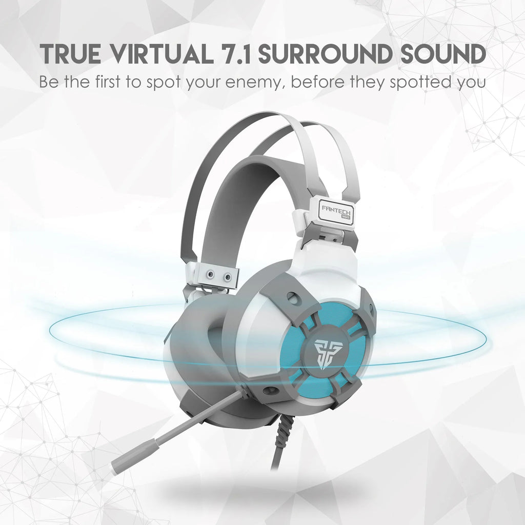 Black FANTECH HG11 gaming headset with microphone, RGB lights, and USB cable