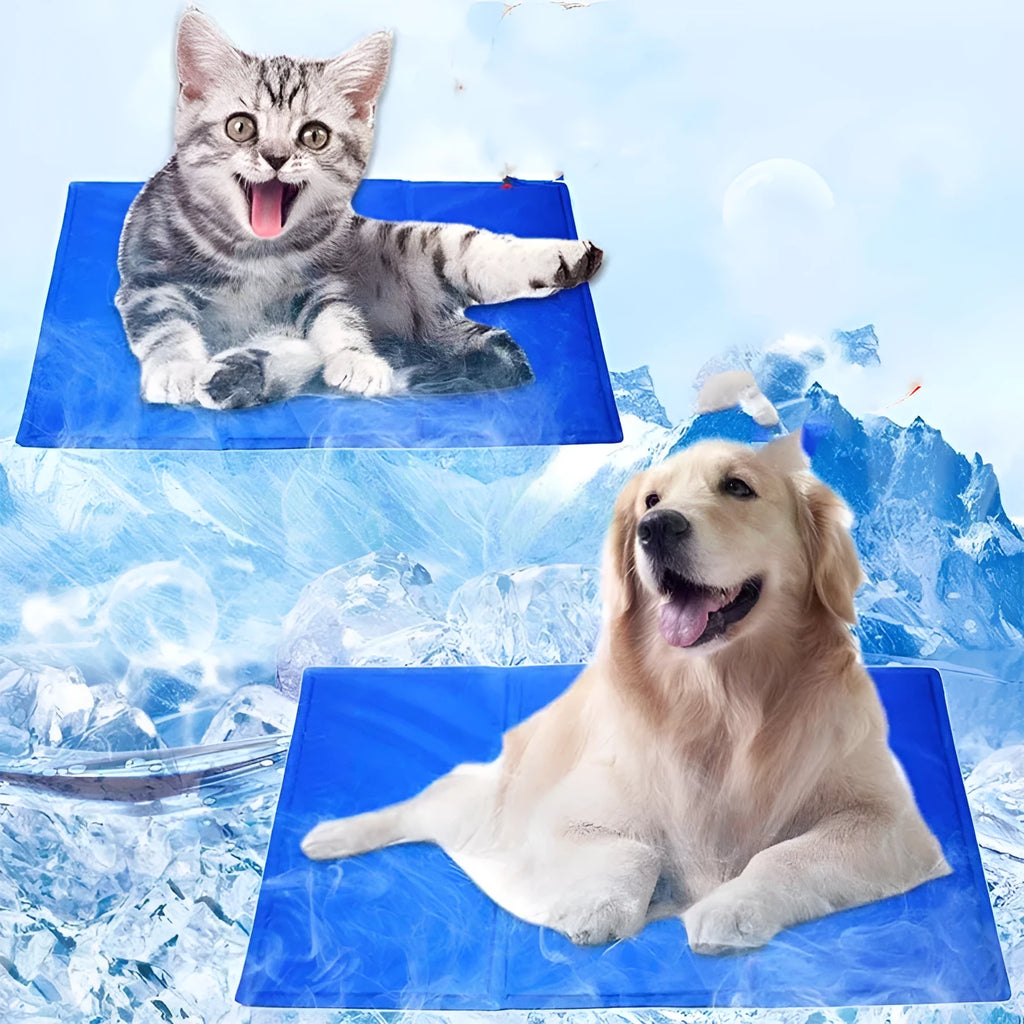Blue gel cooling pet pad for dogs and cats, foldable waterproof nylon mat, size XS to XXL