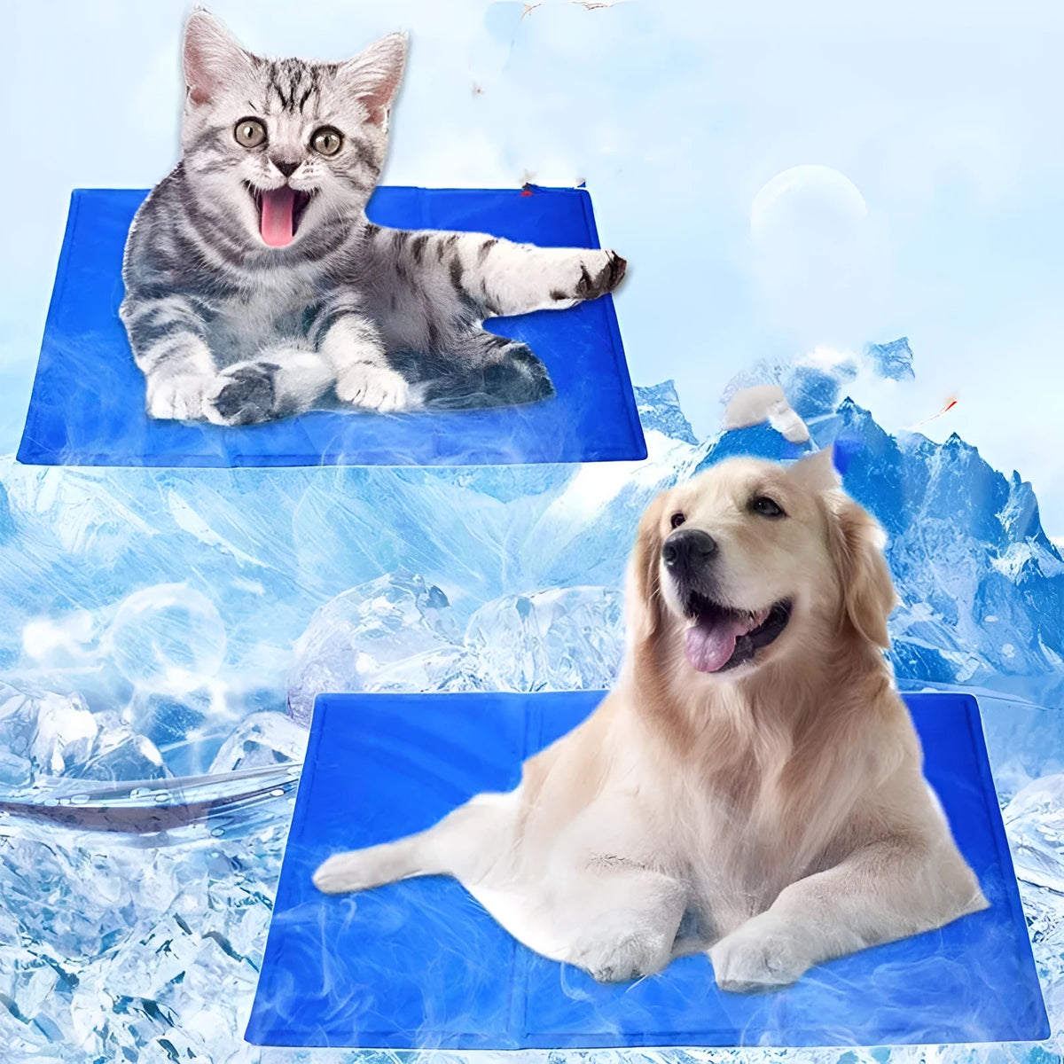 Blue gel cooling pet pad for dogs and cats, foldable waterproof nylon mat, size XS to XXL