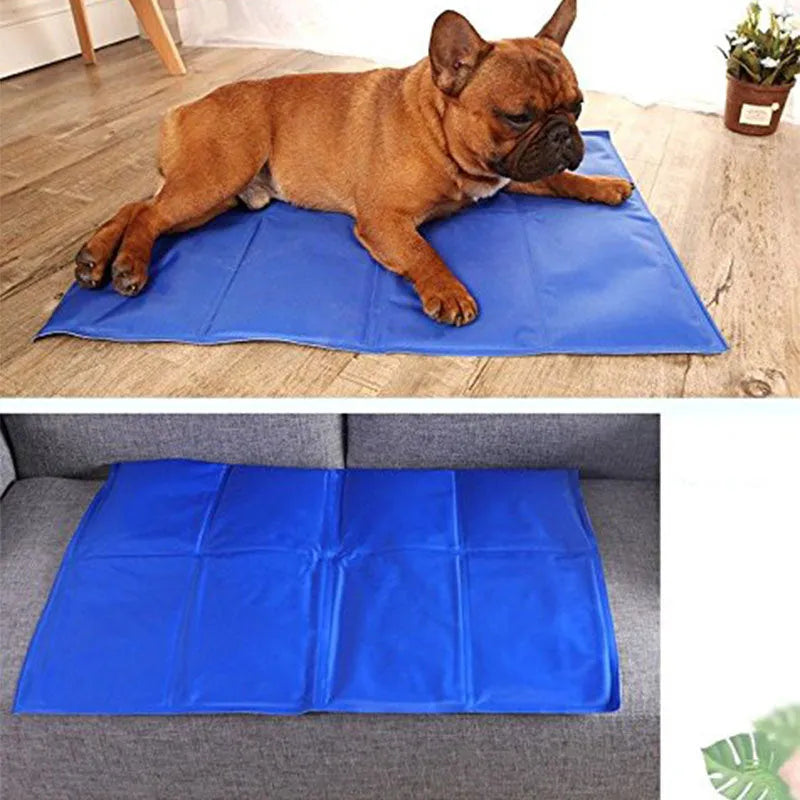 Blue gel cooling pet pad for dogs and cats, foldable waterproof nylon mat, size XS to XXL