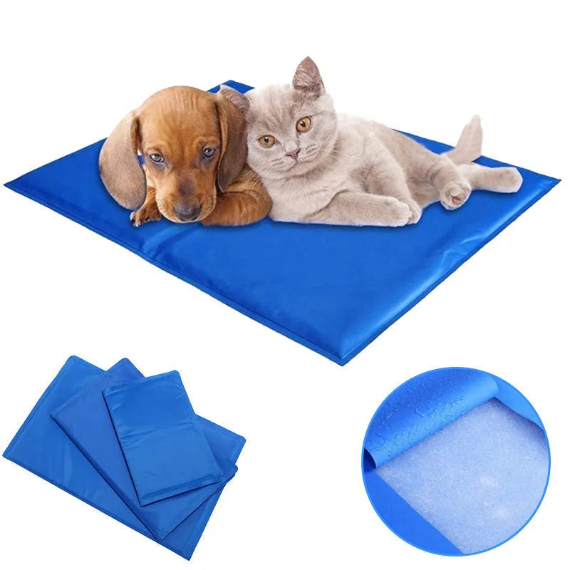 Blue gel cooling pet pad for dogs and cats, foldable waterproof nylon mat, size XS to XXL