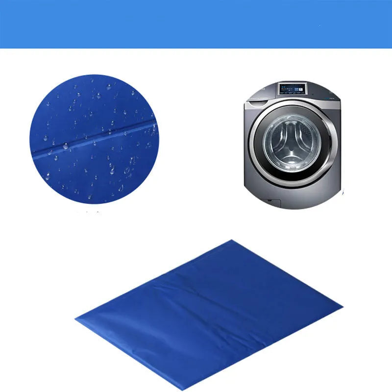 Blue gel cooling pet pad for dogs and cats, foldable waterproof nylon mat, size XS to XXL
