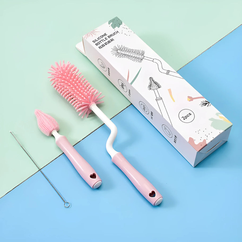 Silicone baby bottle brush set with main brush and straw cleaner in pink, blue or yellow colours