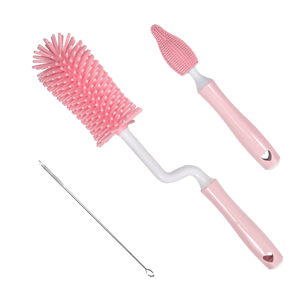 Silicone baby bottle brush set with main brush and straw cleaner in pink, blue or yellow colours
