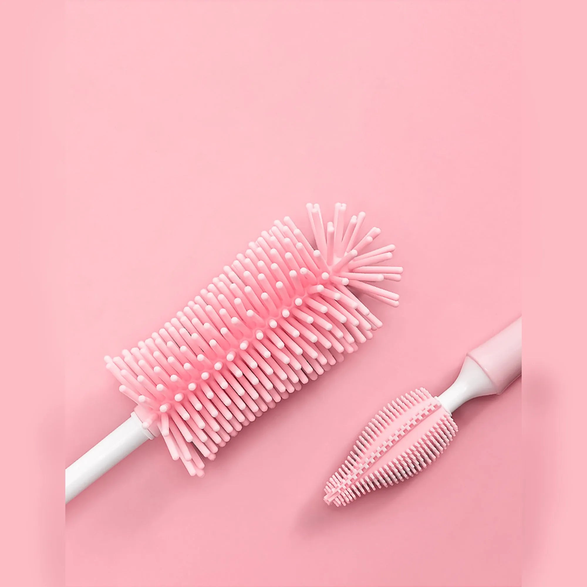 Silicone baby bottle brush set with main brush and straw cleaner in pink, blue or yellow colours