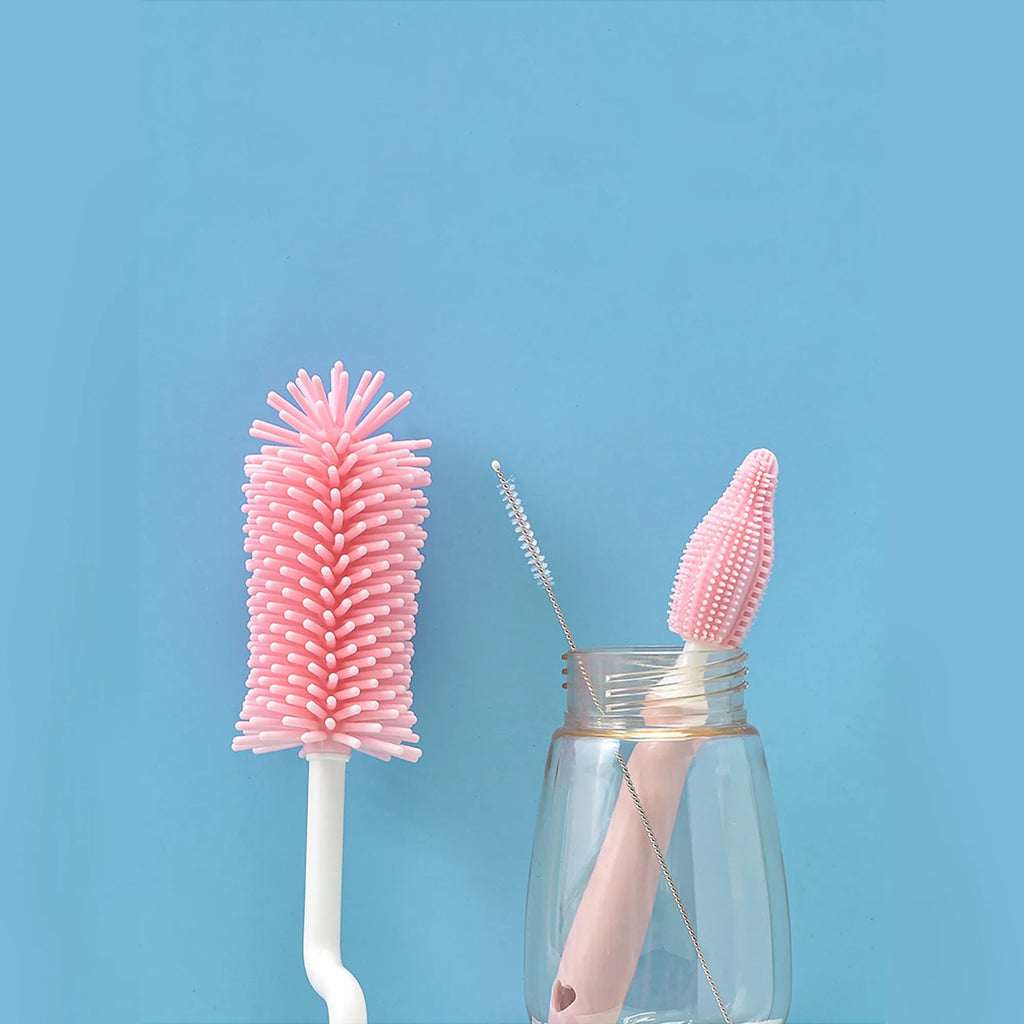 Silicone baby bottle brush set with main brush and straw cleaner in pink, blue or yellow colours