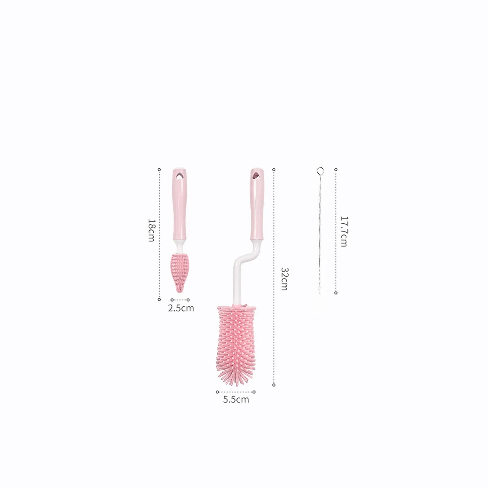 Silicone baby bottle brush set with main brush and straw cleaner in pink, blue or yellow colours