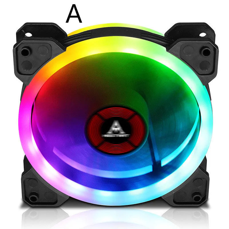 Camouflage pattern 12cm PC chassis fan with glowing RGB LED lights.