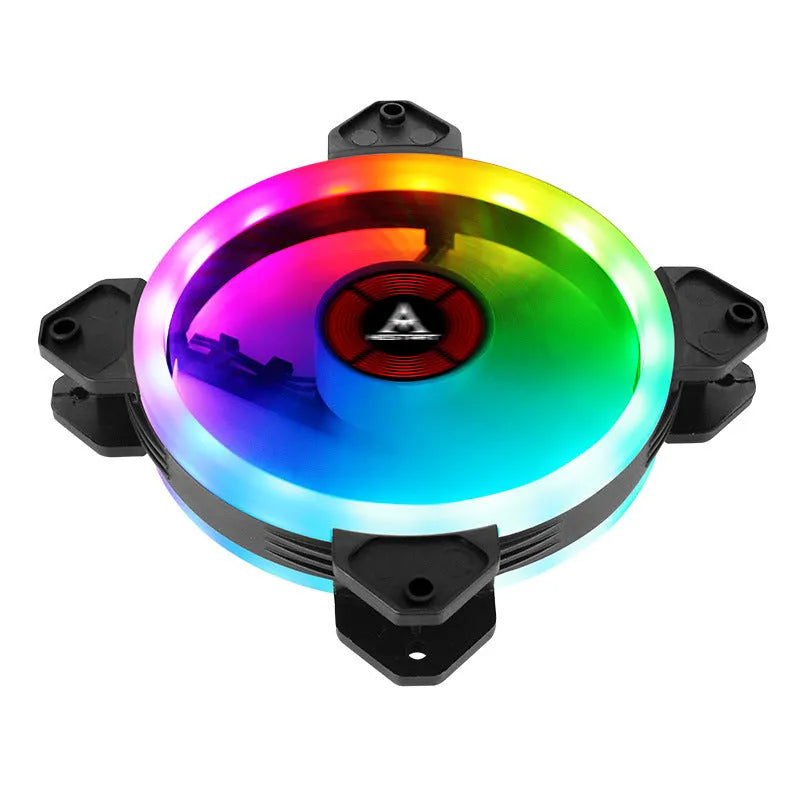 Camouflage pattern 12cm PC chassis fan with glowing RGB LED lights.