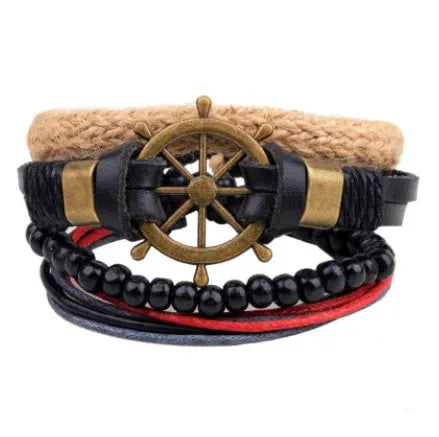 Handmade adjustable leather bead bracelet with multilayer design featuring cowhide leather, wooden beads, and woven ropes