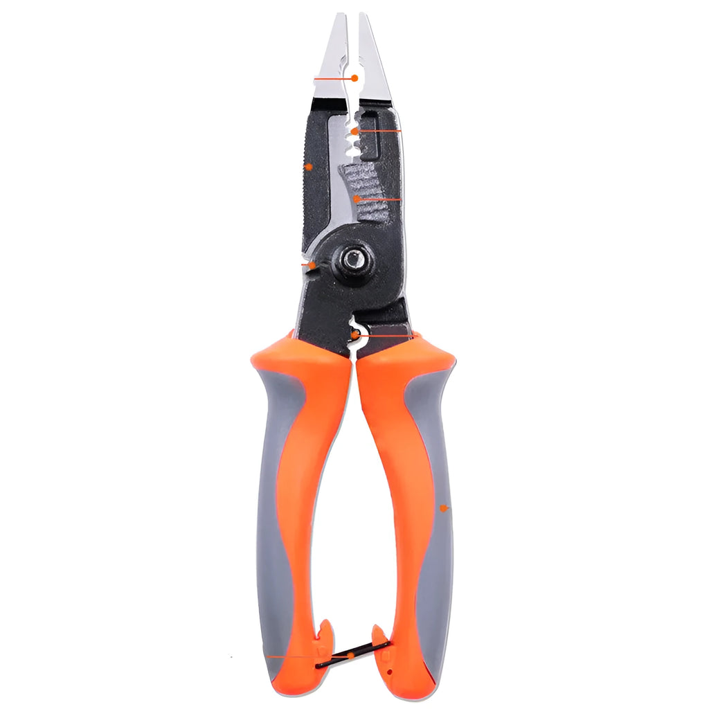 Orange 8-inch multifunctional electrician's pliers with tool steel clamp head and wire stripping capability