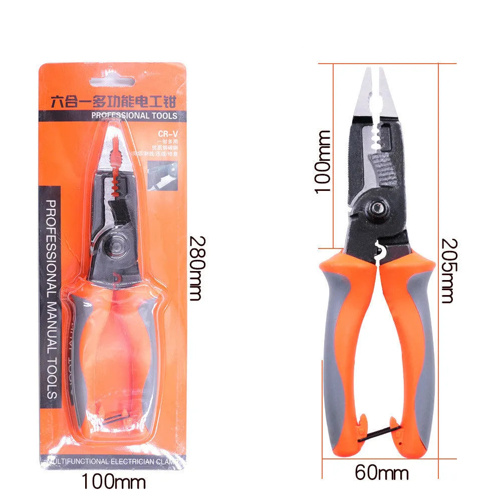 Orange 8-inch multifunctional electrician's pliers with tool steel clamp head and wire stripping capability