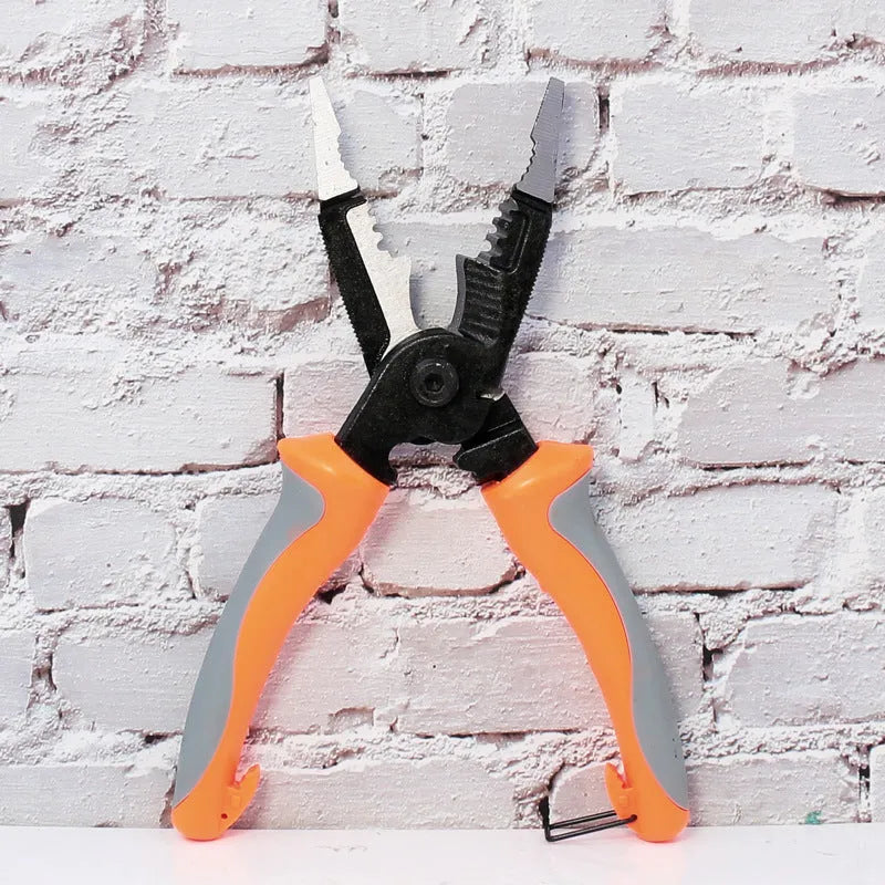 Orange 8-inch multifunctional electrician's pliers with tool steel clamp head and wire stripping capability