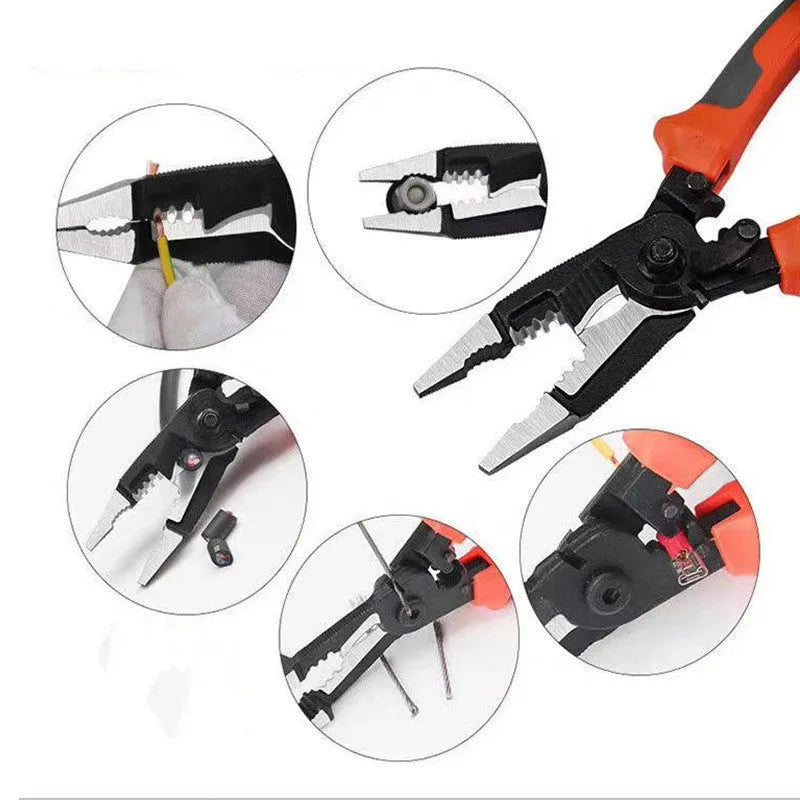 Orange 8-inch multifunctional electrician's pliers with tool steel clamp head and wire stripping capability