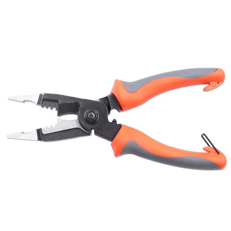 Orange 8-inch multifunctional electrician's pliers with tool steel clamp head and wire stripping capability