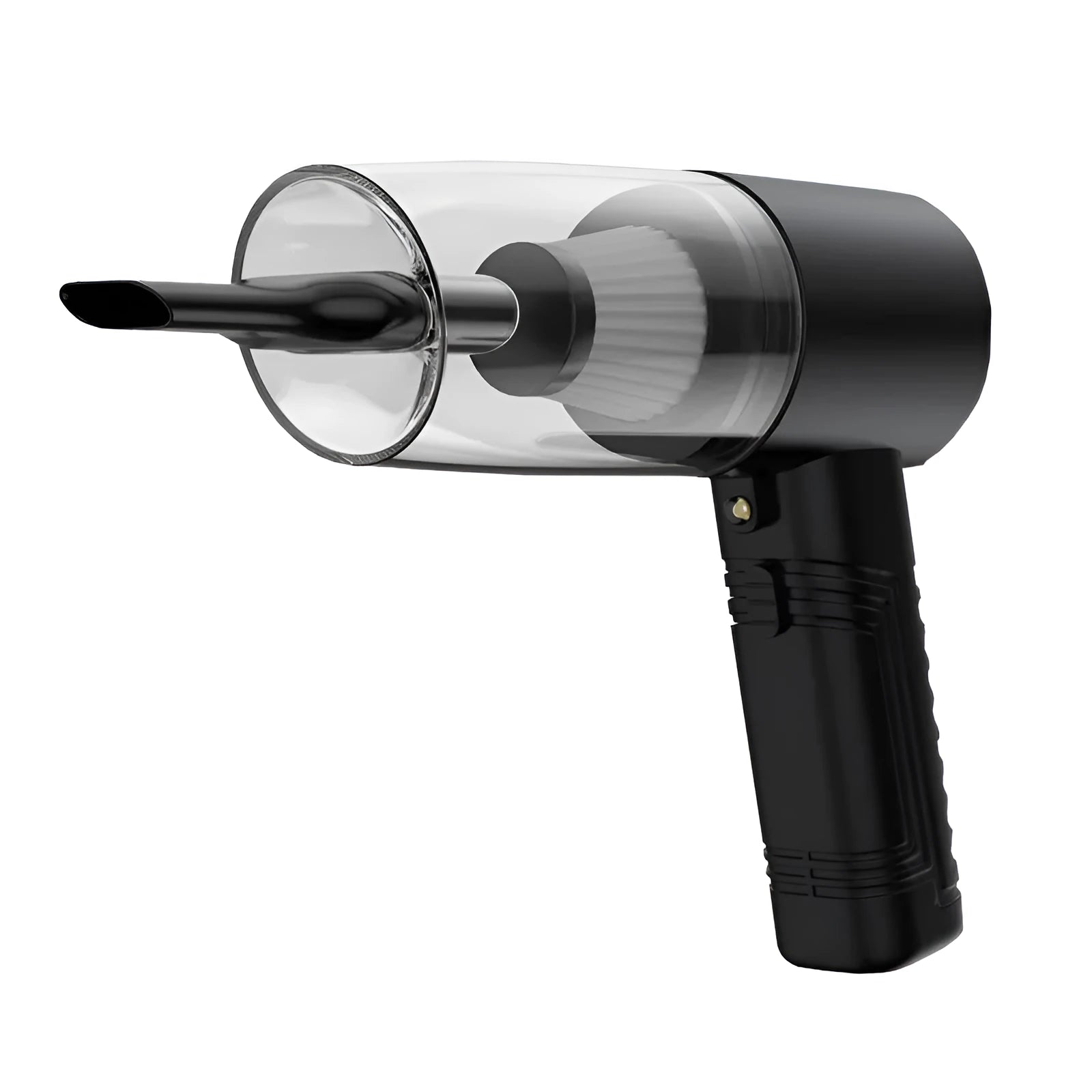 Powerful black and white mini car vacuum cleaner with suction attachments on a 5-metre cord.
