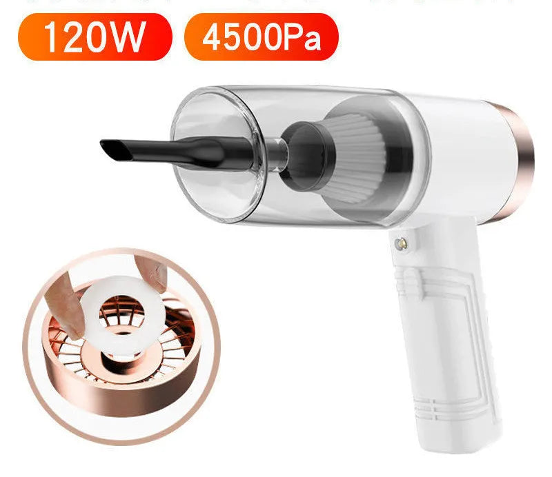 Powerful black and white mini car vacuum cleaner with suction attachments on a 5-metre cord.