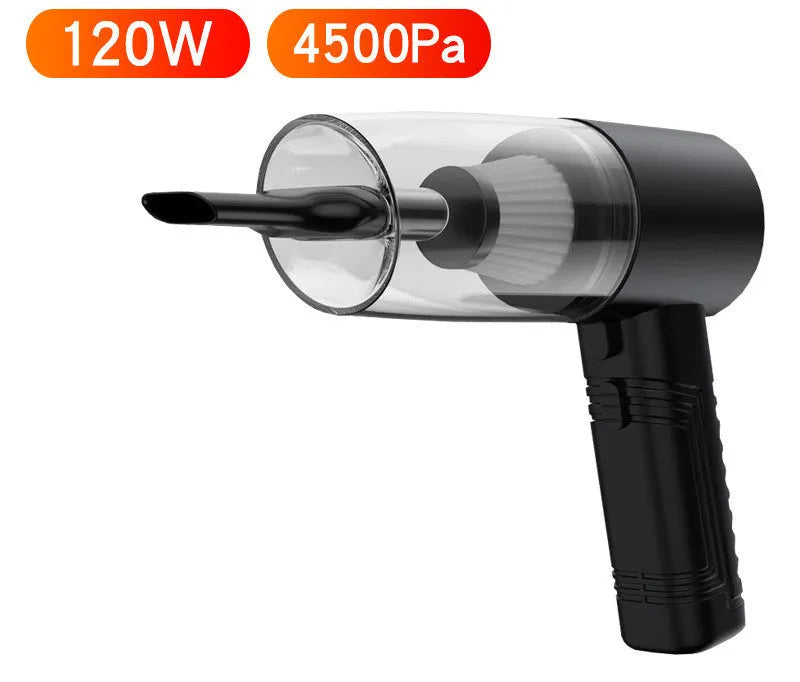 Powerful black and white mini car vacuum cleaner with suction attachments on a 5-metre cord.