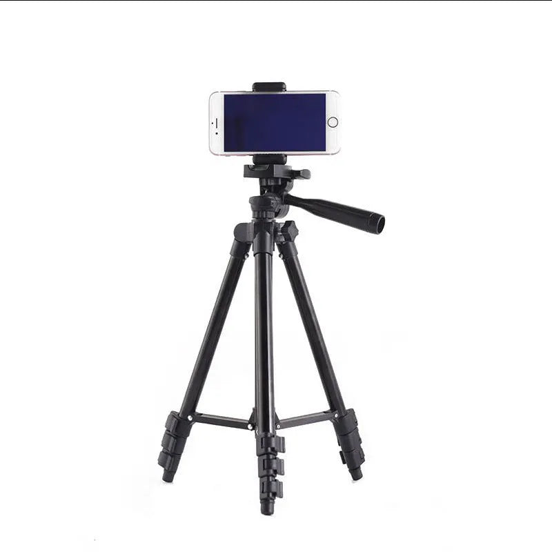 Black aluminium alloy camera tripod with 4-section legs and a 3D head, shown collapsed and extended.