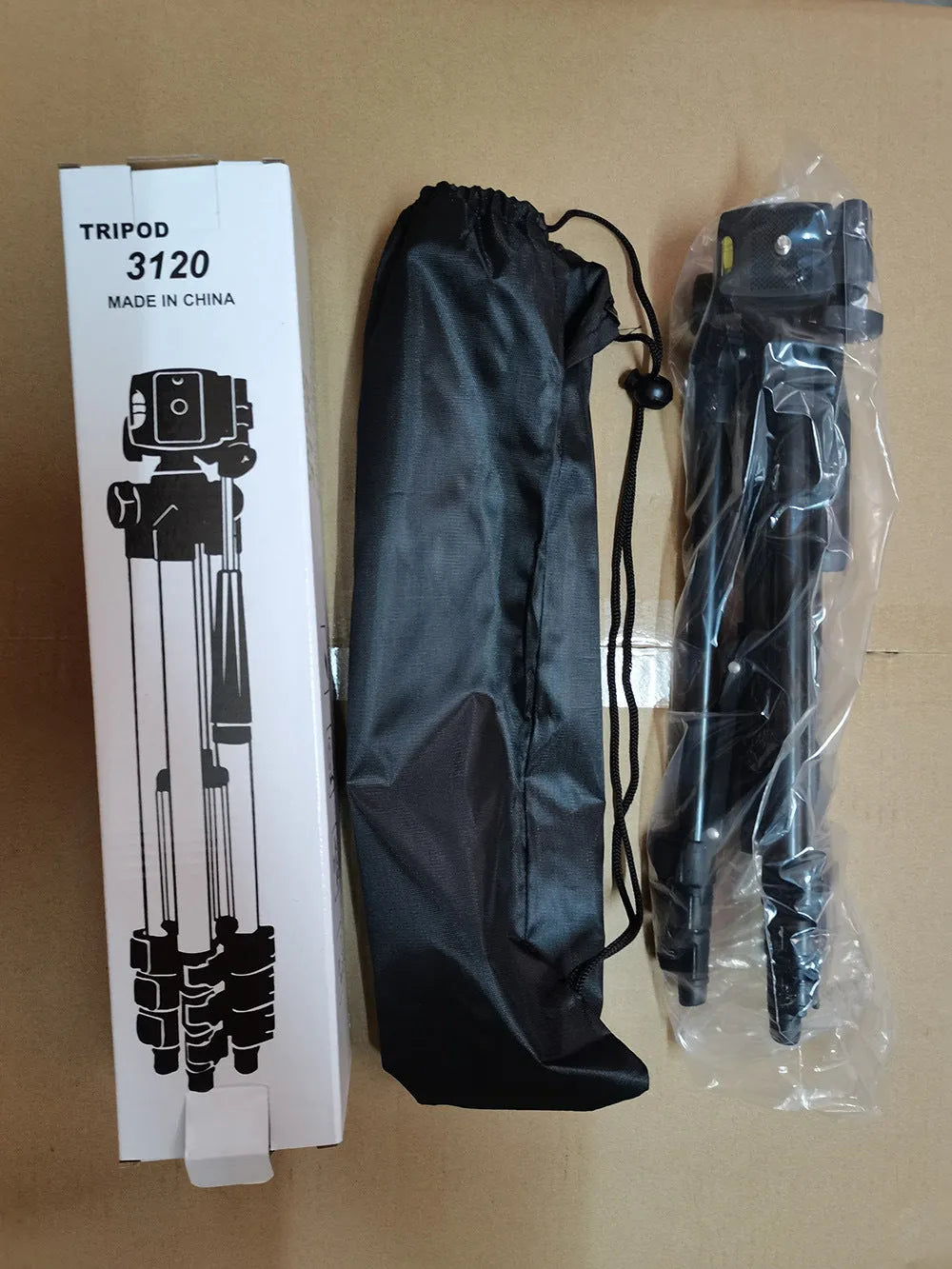 Black aluminium alloy camera tripod with 4-section legs and a 3D head, shown collapsed and extended.