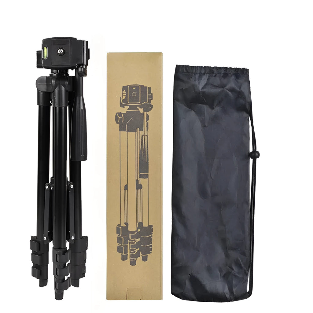 Black aluminium alloy camera tripod with 4-section legs and a 3D head, shown collapsed and extended.