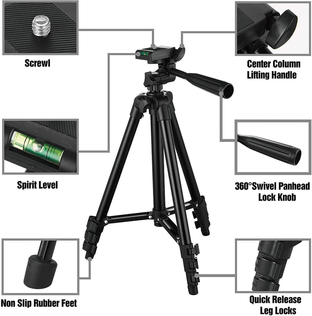 Black aluminium alloy camera tripod with 4-section legs and a 3D head, shown collapsed and extended.