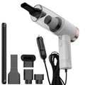 Powerful black and white mini car vacuum cleaner with suction attachments on a 5-metre cord.