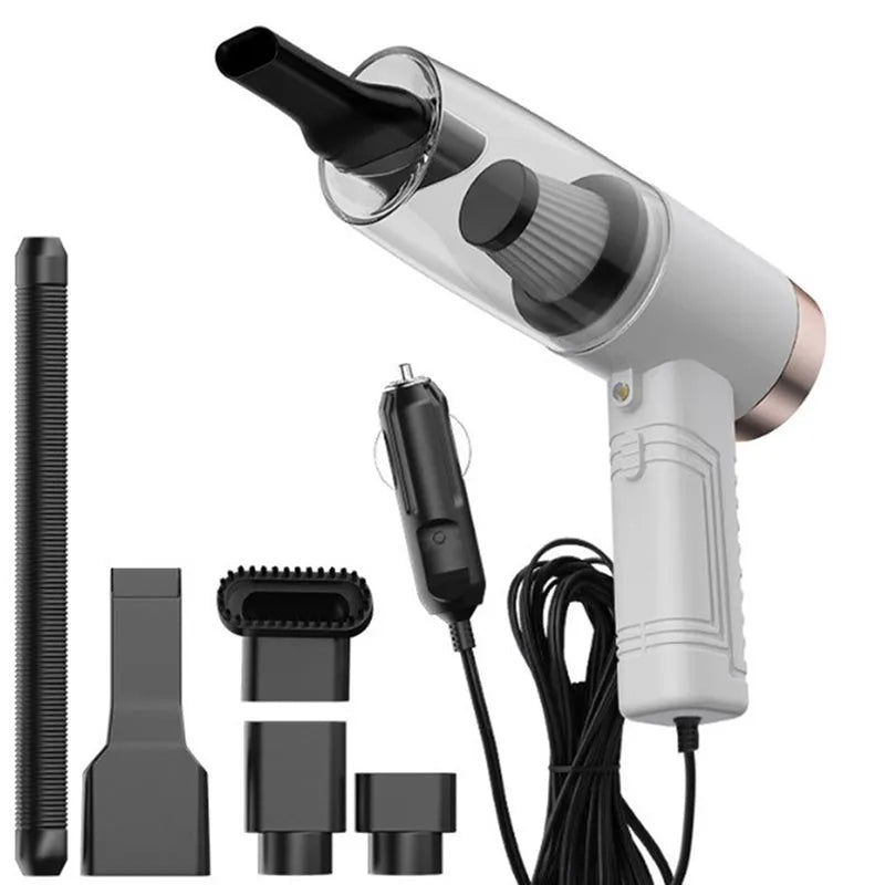 Powerful black and white mini car vacuum cleaner with suction attachments on a 5-metre cord.