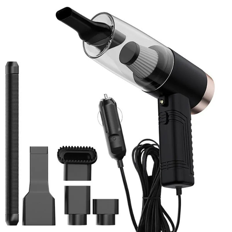 Powerful black and white mini car vacuum cleaner with suction attachments on a 5-metre cord.