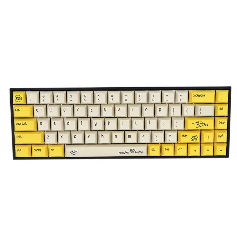 Set of PBT plastic replacement keycaps for a 68-key mechanical keyboard in various colours.