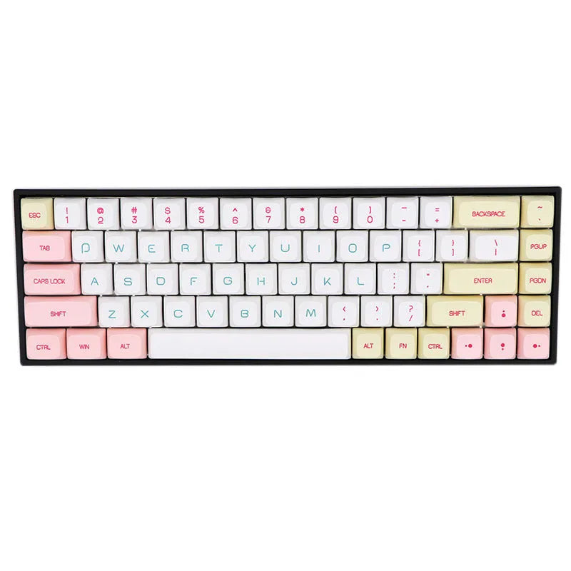 Set of PBT plastic replacement keycaps for a 68-key mechanical keyboard in various colours.