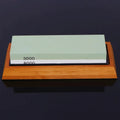 Green and white 3000/8000 grit kitchen whetstone sharpening set with bamboo base and accessories