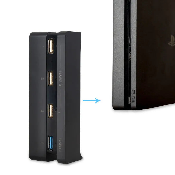 Black PS4 Slim USB hub extender with 2.0 and 3.0 ports for console peripheral expansion