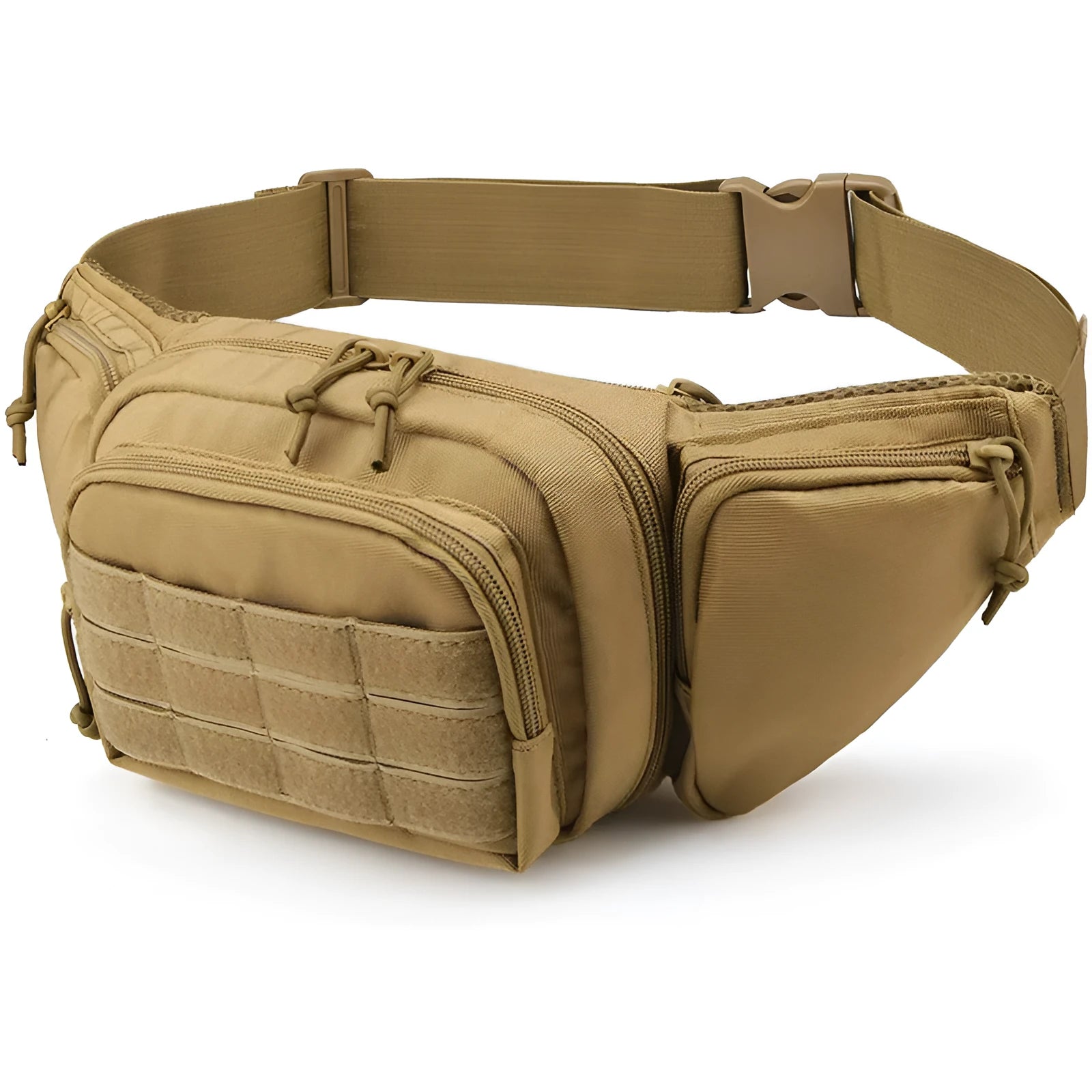 Black tactical waist bag worn on hip, showing main compartment and belt clip.