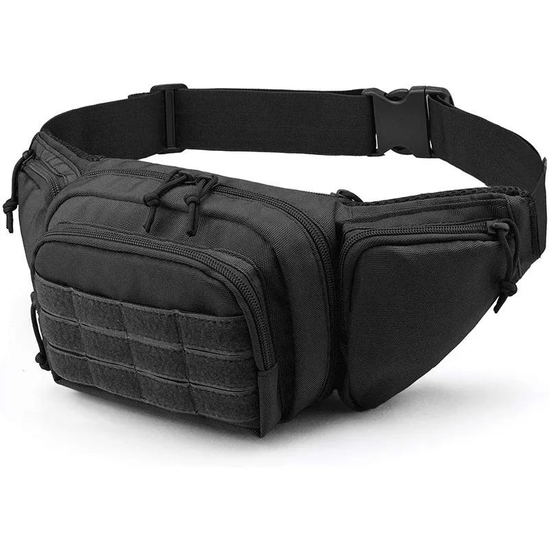 Black tactical waist bag worn on hip, showing main compartment and belt clip.