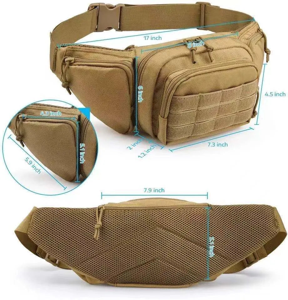 Black tactical waist bag worn on hip, showing main compartment and belt clip.