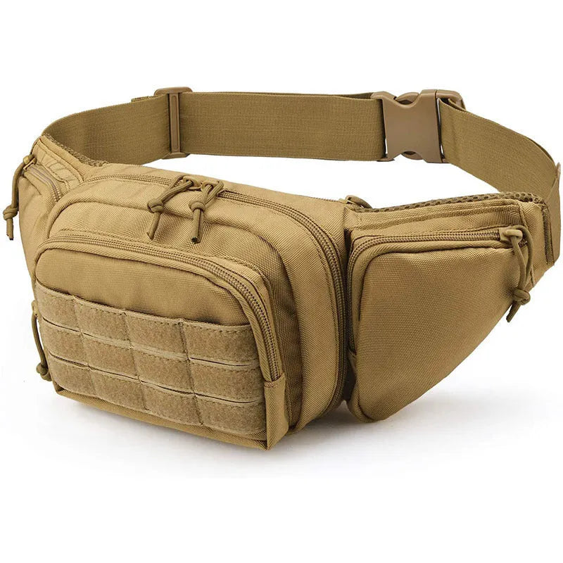 Black tactical waist bag worn on hip, showing main compartment and belt clip.