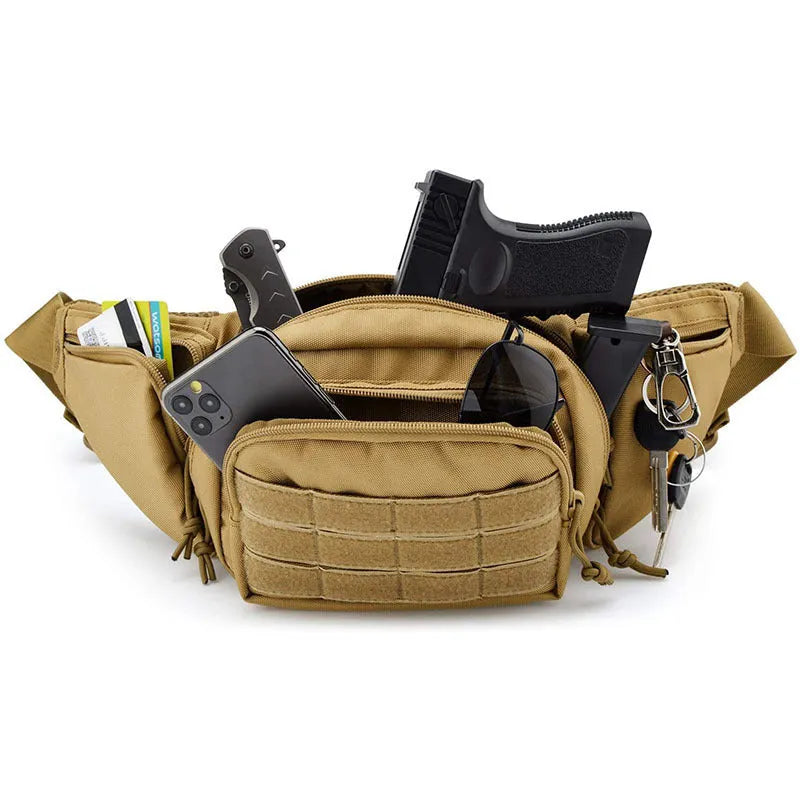 Black tactical waist bag worn on hip, showing main compartment and belt clip.
