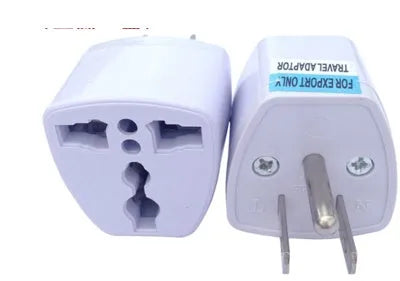 Multi country conversion plug in white with AU EU German UK and US style options on a neutral background