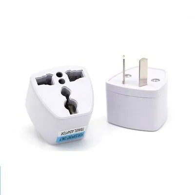 Multi country conversion plug in white with AU EU German UK and US style options on a neutral background