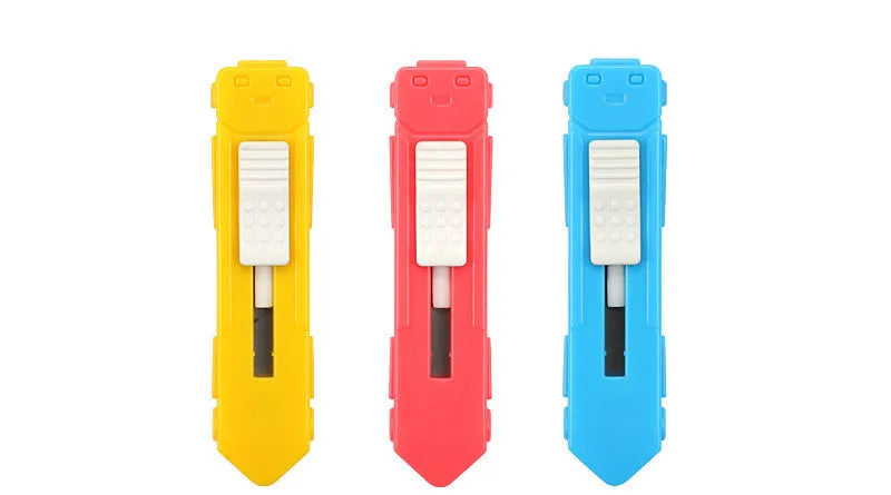 Cartoon character art knife with open box design showing plastic body and metal blade