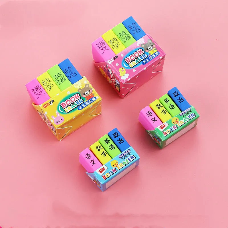 Cartoon book eraser set in large and small size options for students and kindergarten prizes.