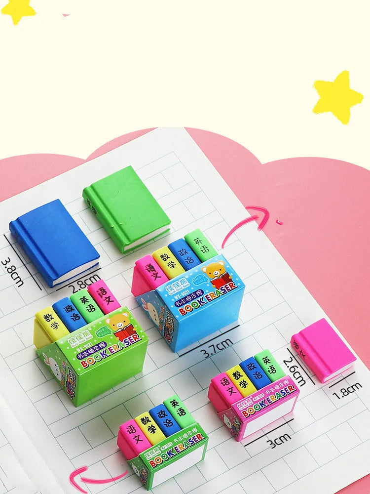 Cartoon book eraser set in large and small size options for students and kindergarten prizes.