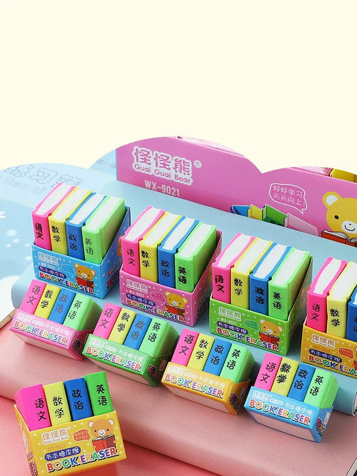 Cartoon book eraser set in large and small size options for students and kindergarten prizes.
