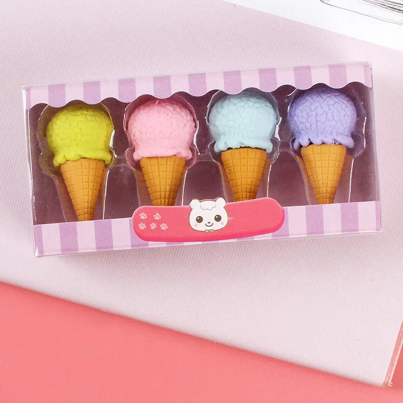 Set of 12 colourful cartoon erasers shaped like ice cream cones, lollipops, and donuts for children.