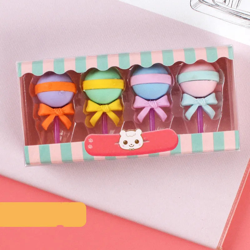 Set of 12 colourful cartoon erasers shaped like ice cream cones, lollipops, and donuts for children.