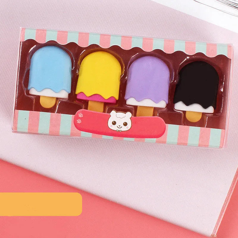 Set of 12 colourful cartoon erasers shaped like ice cream cones, lollipops, and donuts for children.