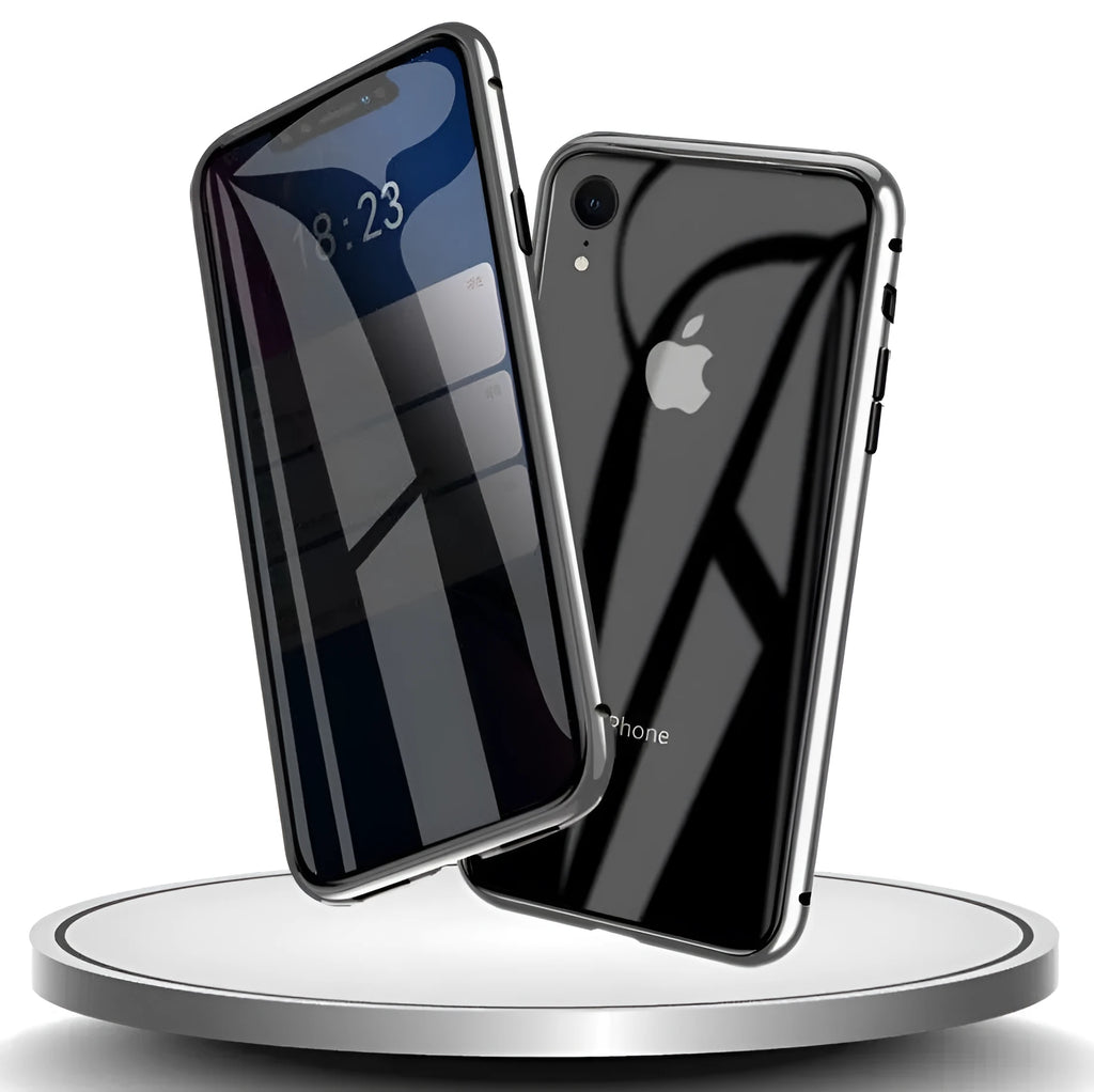 Solid colour glass anti-spy clamshell phone case for iPhone, shown in geometric design.
