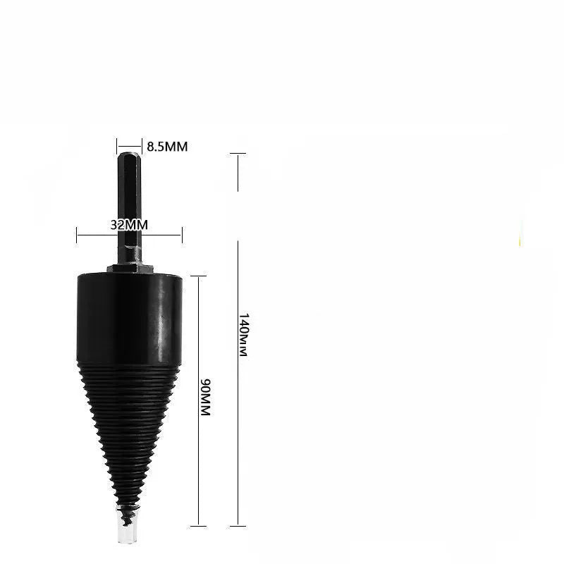 Close-up of a hexagonal shank metal firewood splitting drill bit with a cone tip, shown next to a log.
