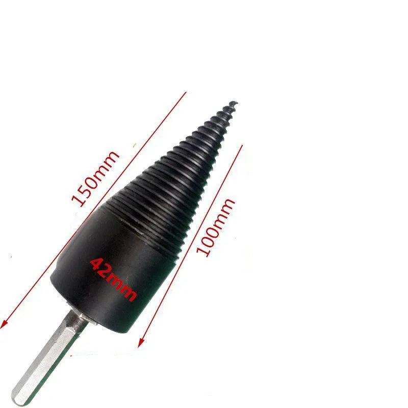 Close-up of a hexagonal shank metal firewood splitting drill bit with a cone tip, shown next to a log.